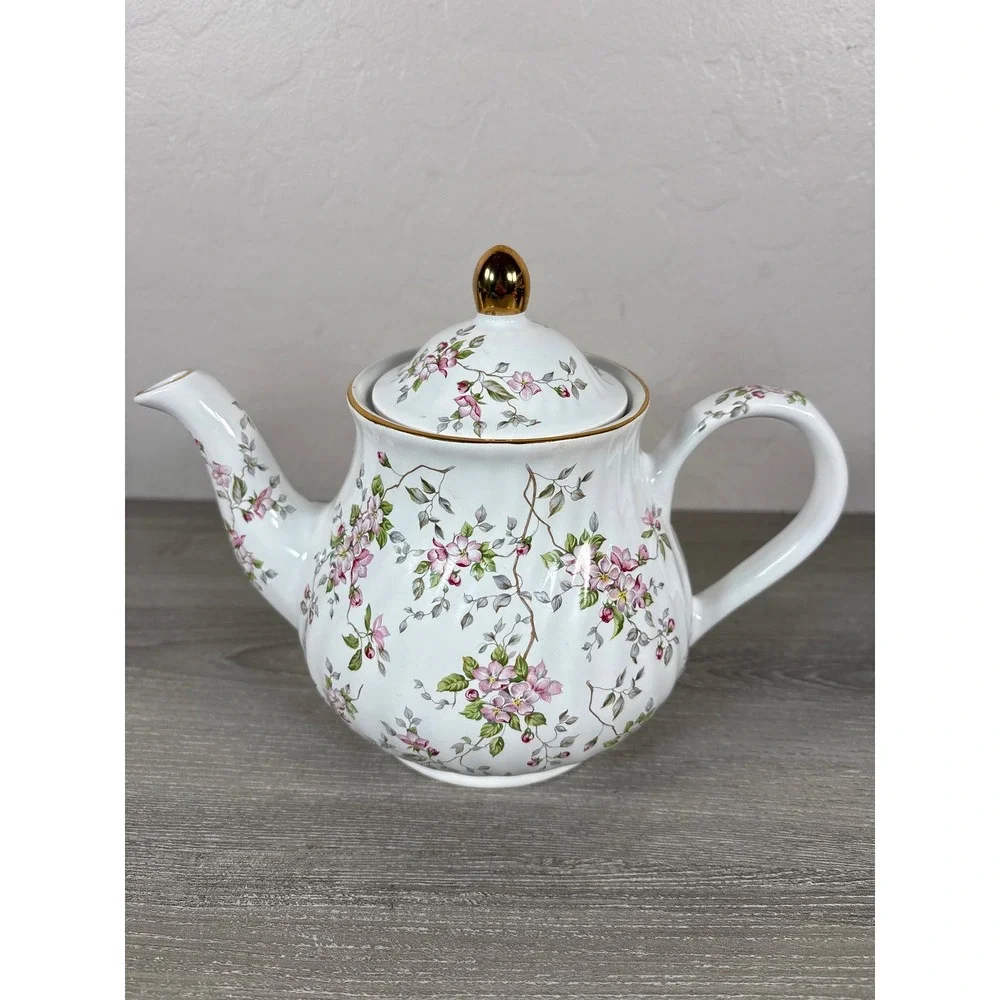 Vintage Arthur Wood & Son Swirl Effect England Teapot Pink Floral Gold Trim 6643